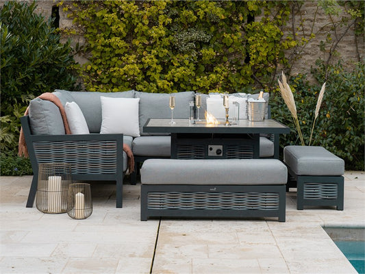 Portifino Wicker Corner Sofa with Square Firepit Table & 2 Benches