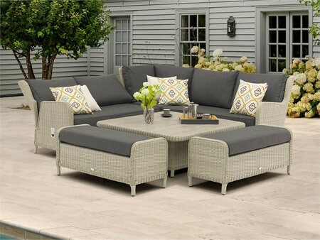 Bramblecrest Chedworth Dove Grey Rattan Reclining Corner Sofa w/Square Adjustable Table & 2 Benches