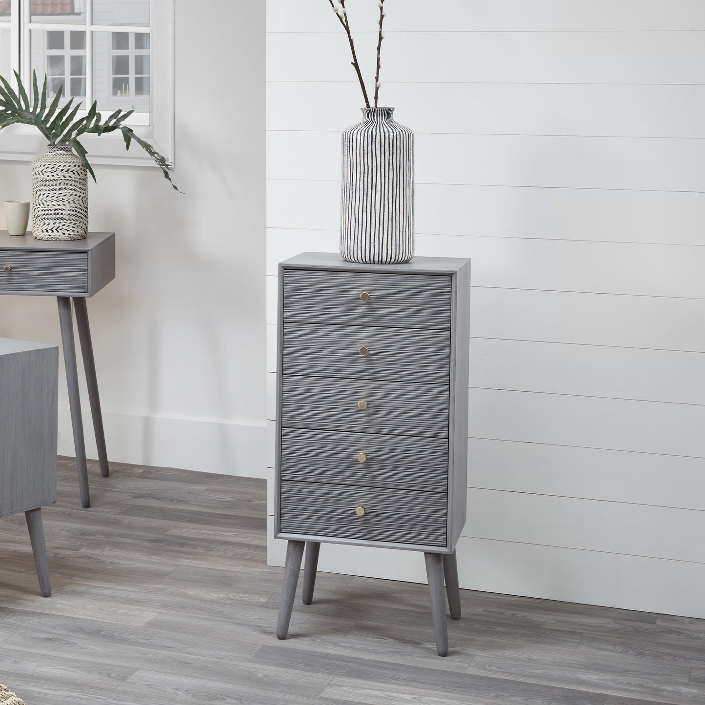 Chaya Dark Grey Pine Wood 5 Drawer Tall Boy