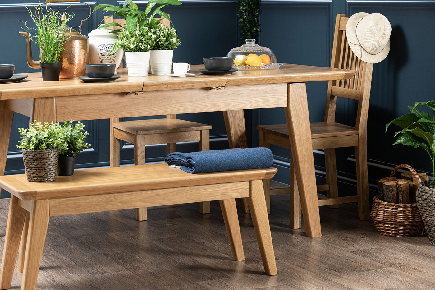 Casual Oak Dining set with 4 Chairs and a bench