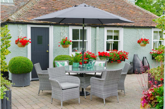 Monaco Stone 6 seat set with 3m parasol and lazy suzan